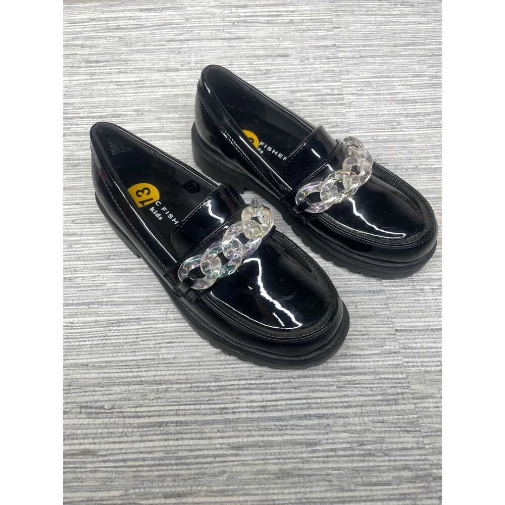 Marc Fisher Kids Bella Loafers in black patent w iridescent chain sz 13
